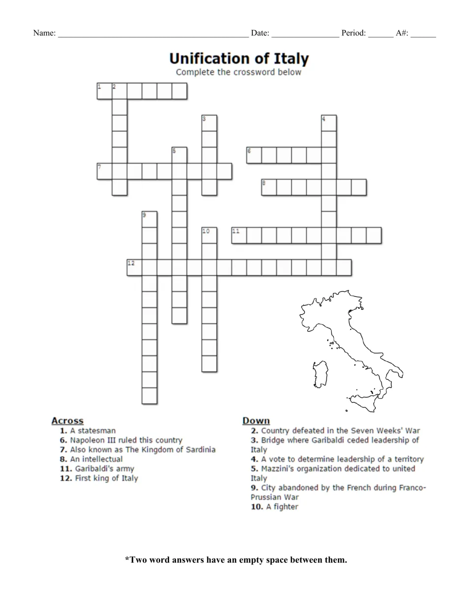 Italian unification crossword: students solve 12 clues on Garibaldi, Mazzini, Sardinia and the first king of Italy