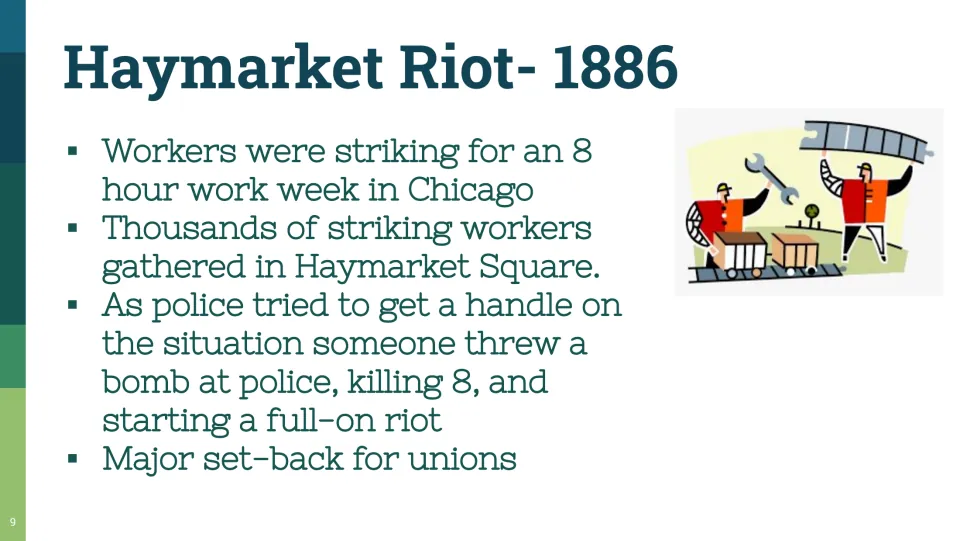 Haymarket Riot of 1886: Chicago workers strike for 8-hour work, a bomb at police kills 8, and a riot sets unions back