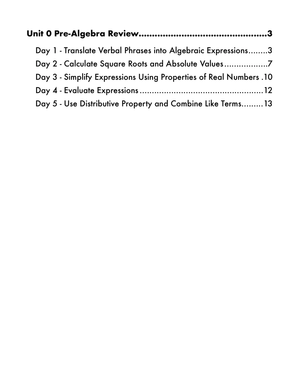 Contents listing five lessons: verbal phrases, square roots and absolute value, properties, evaluating, combining terms