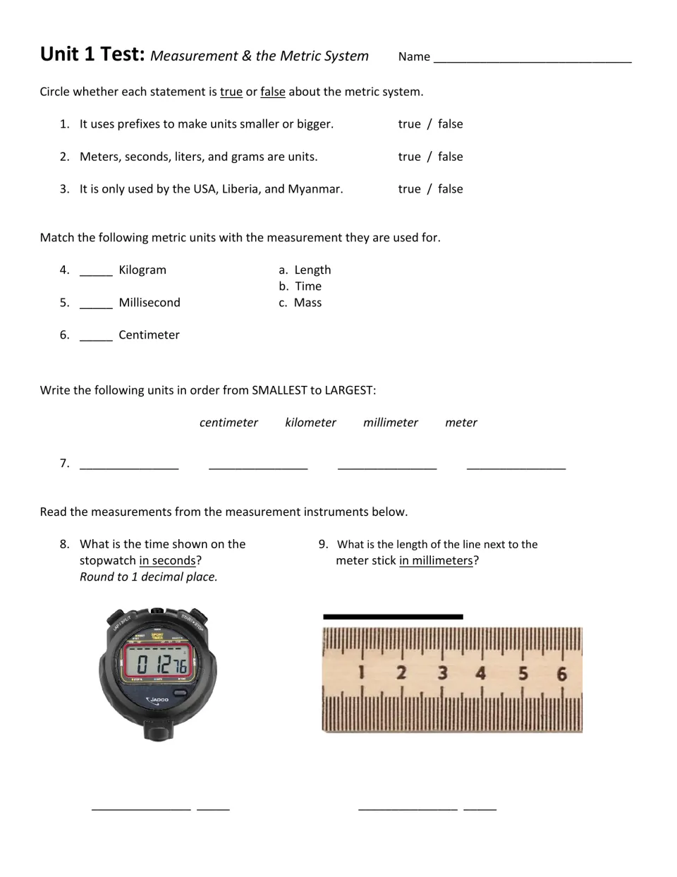 Metric system test: students answer true/false, match units, order lengths and read a stopwatch and a meter stick