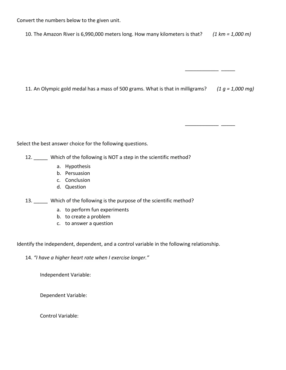 Unit conversions and scientific method: students convert m to km and g to mg, answer multiple choice and name variables