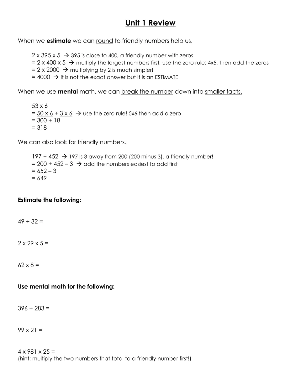 Review page 1: estimation and mental math examples, with practice including 49 + 32 and 99 × 21