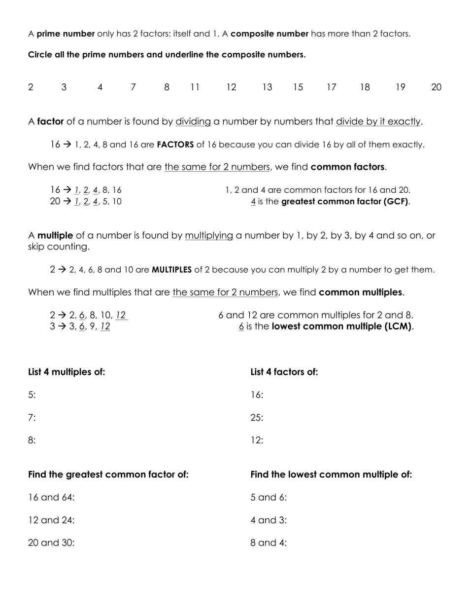 Review page 2: prime and composite numbers, factors, multiples, and practice finding GCF and LCM