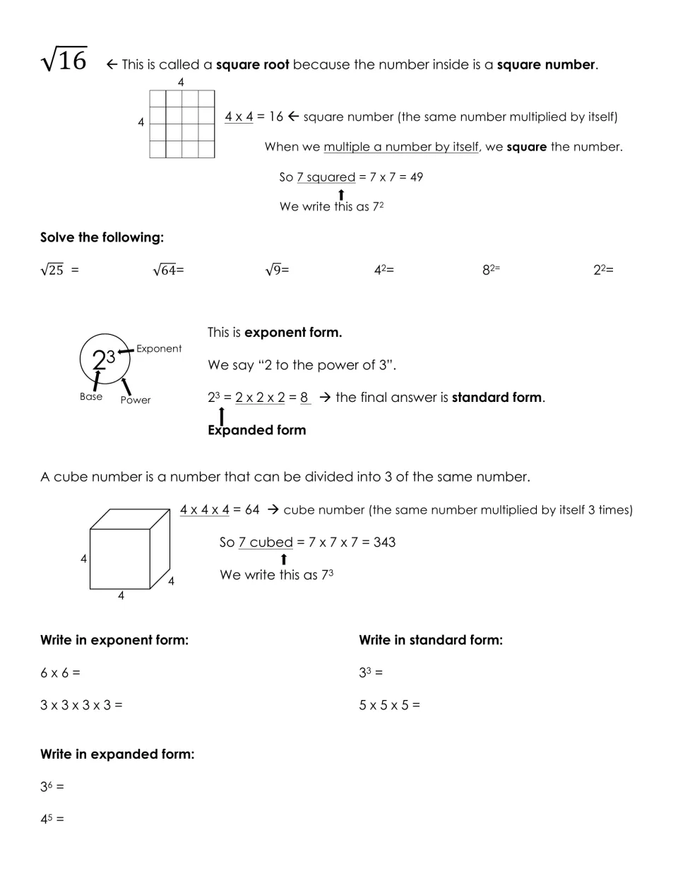 Review page 3: square roots, squares, cubes, and practice using exponent, expanded, and standard forms