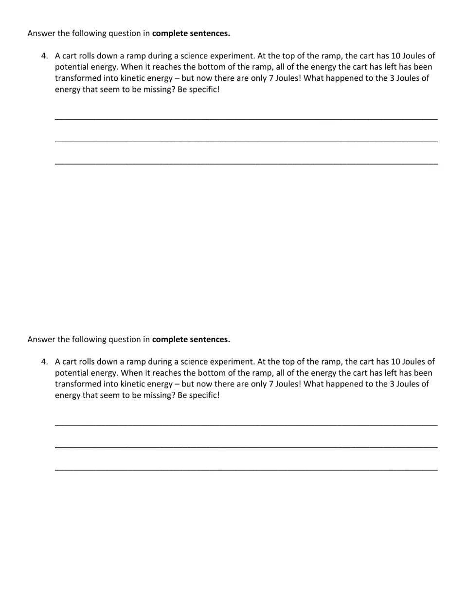 Energy transformation question: students explain in full sentences where 3 Joules went as a cart rolls down a ramp