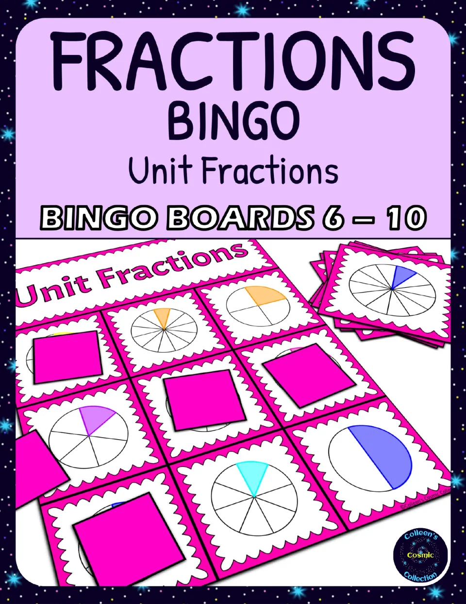 Unit fractions bingo cover identifying boards 6–10, with sample fraction circles, markers, and calling cards