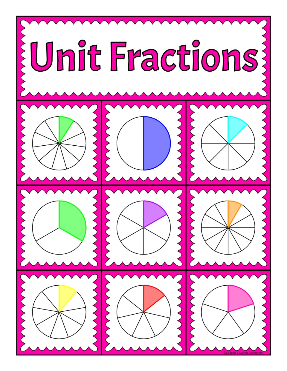 First of five unit fraction bingo boards, with nine shaded circle models including one-half and one-third