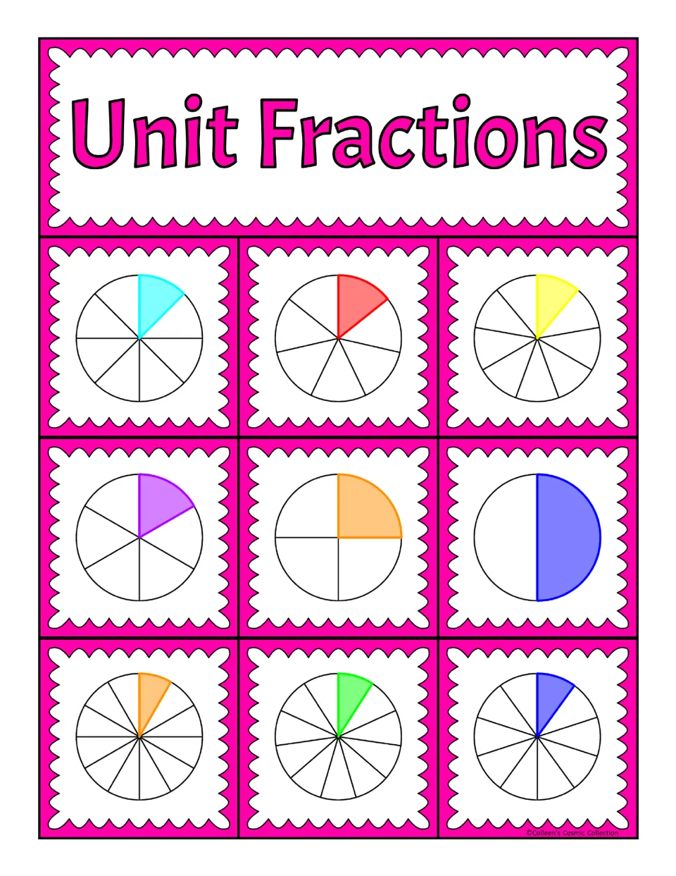 Second of five unit fraction bingo boards, with nine shaded circle models including one-fourth and one-eighth