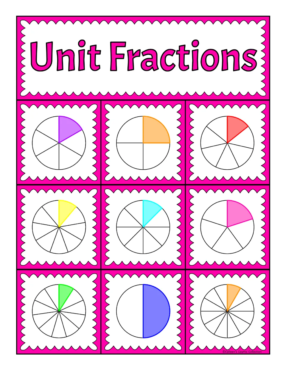 Fourth of five unit fraction bingo boards, with nine shaded circle models including one-fourth and one-half