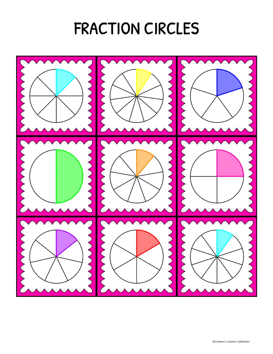 Fraction-circle calling cards 1–9 show one shaded part each, including one-half, one-fourth, and one-eighth