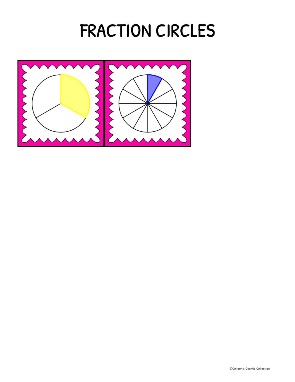 Fraction-circle calling cards 10–11 show one-third and one-twelfth, each represented by one shaded part