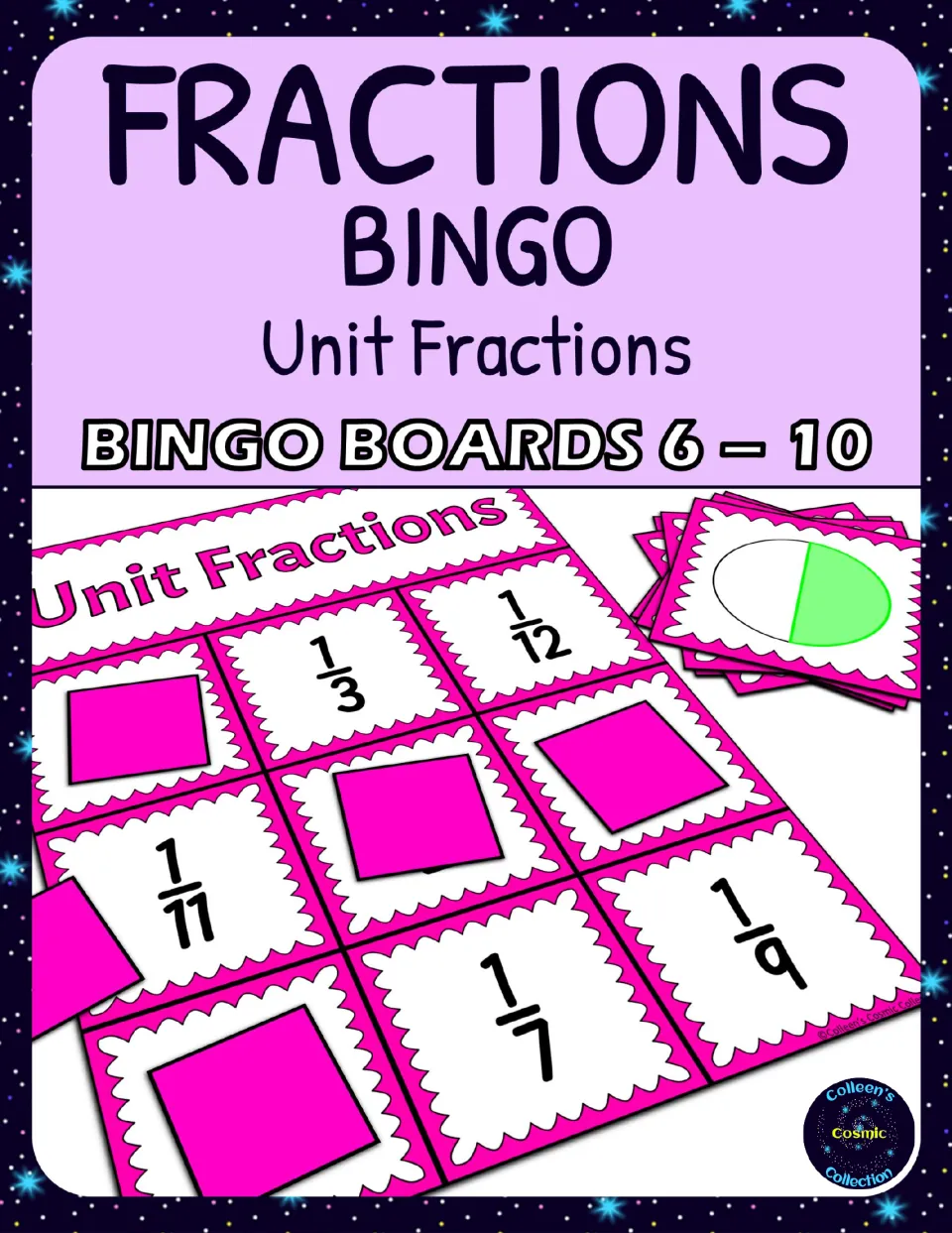 Cover for unit fractions bingo boards 6–10, showing fraction symbols, covering pieces, and a circle card