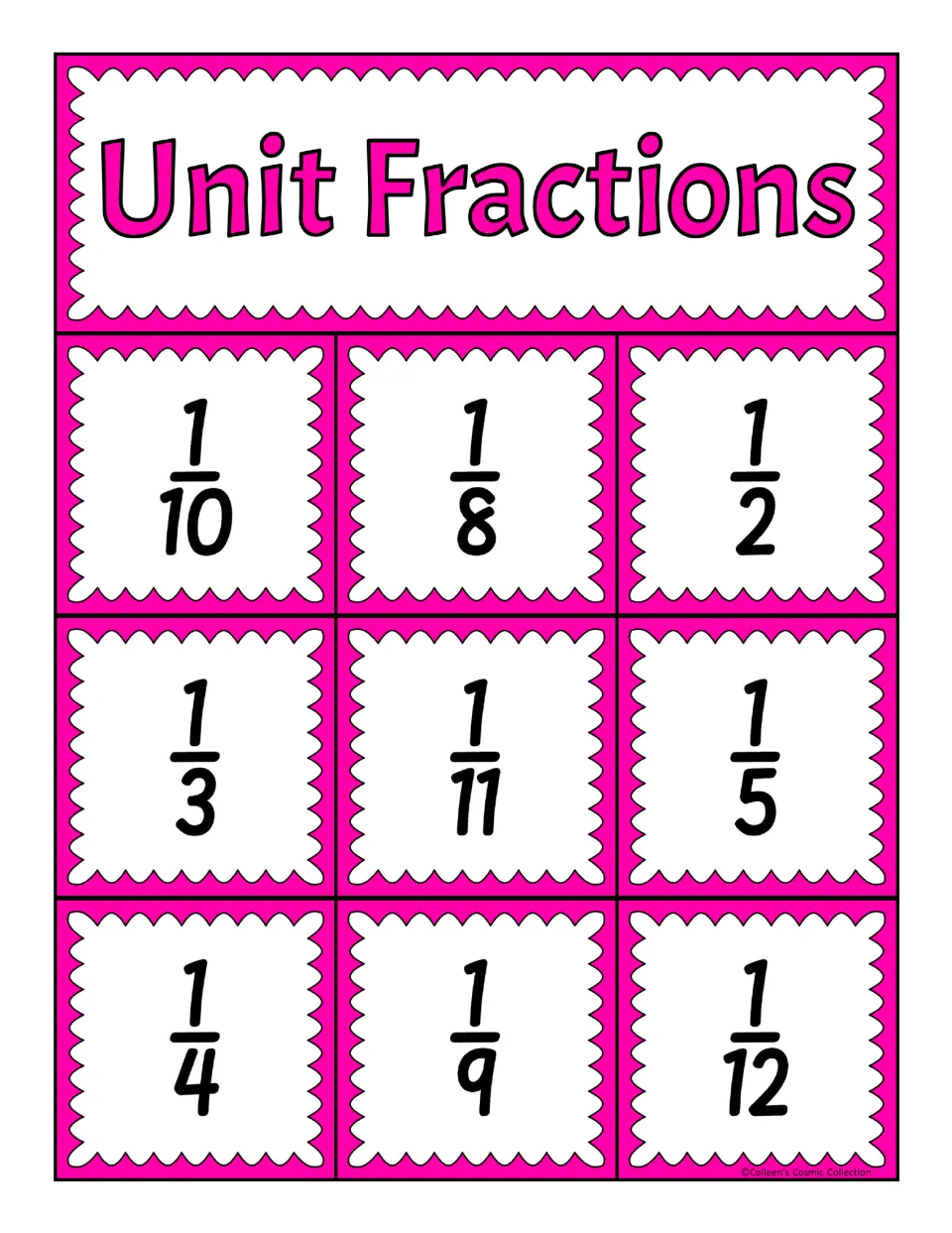 Second unit fractions bingo board: 1/10, 1/8, 1/2, 1/3, 1/11, 1/5, 1/4, 1/9, and 1/12 for matching calling cards