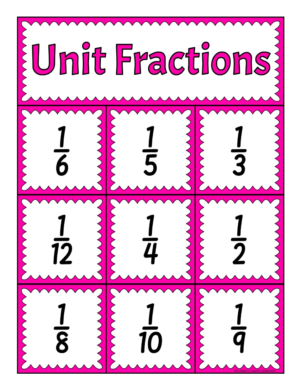 Third unit fractions bingo board: 1/6, 1/5, 1/3, 1/12, 1/4, 1/2, 1/8, 1/10, and 1/9 for matching calling cards