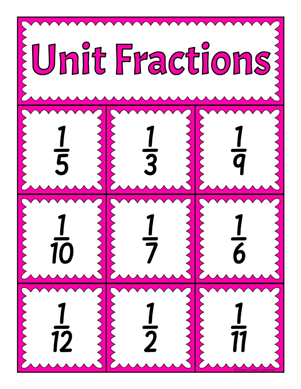 Fifth unit fractions bingo board: 1/5, 1/3, 1/9, 1/10, 1/7, 1/6, 1/12, 1/2, and 1/11 for matching calling cards