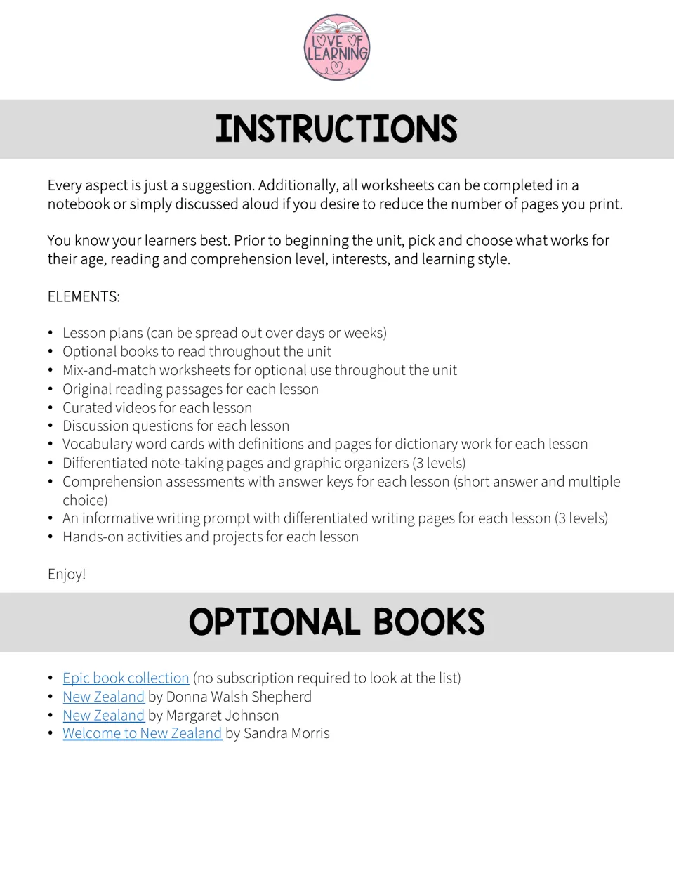 Unit instructions list lesson materials, optional books, and ways to adapt tasks or reduce printing