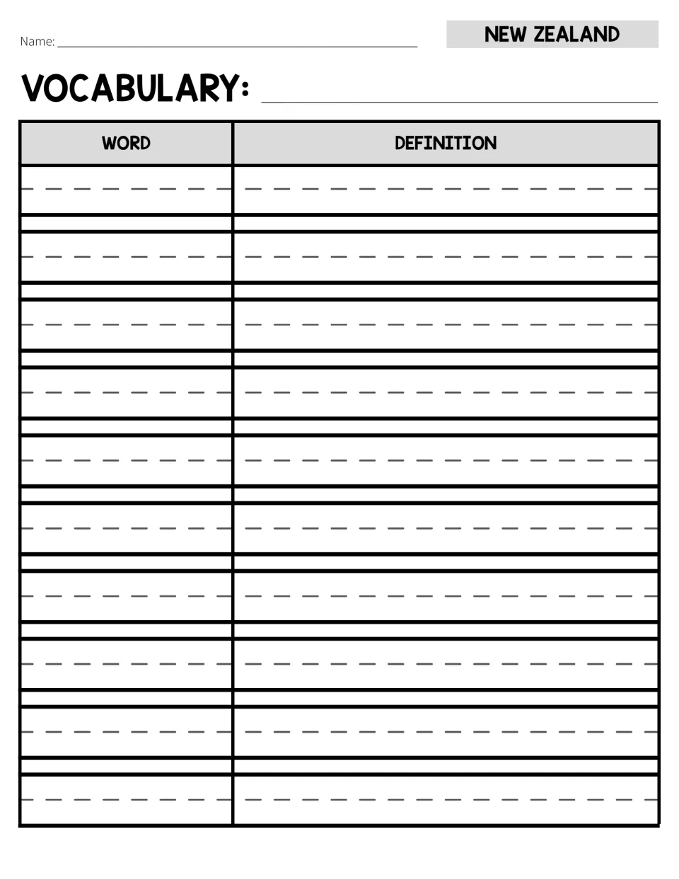 First vocabulary recording sheet for the New Zealand study provides space for ten words and their definitions