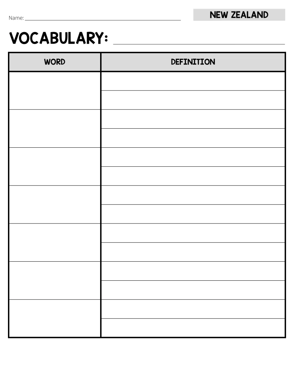 Second vocabulary recording sheet for the New Zealand study provides space for seven words and definitions