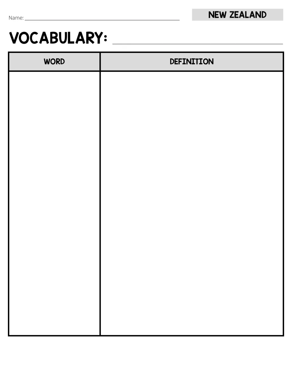 Third vocabulary recording sheet for the New Zealand study lets students add words and their definitions