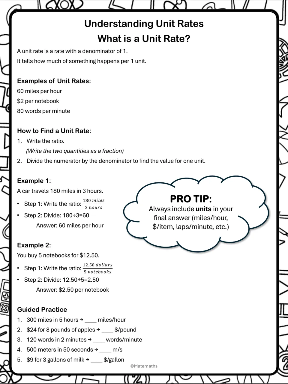 Understanding unit rates notes: definition, two-step method with car and notebook examples, then 5 guided practice rates