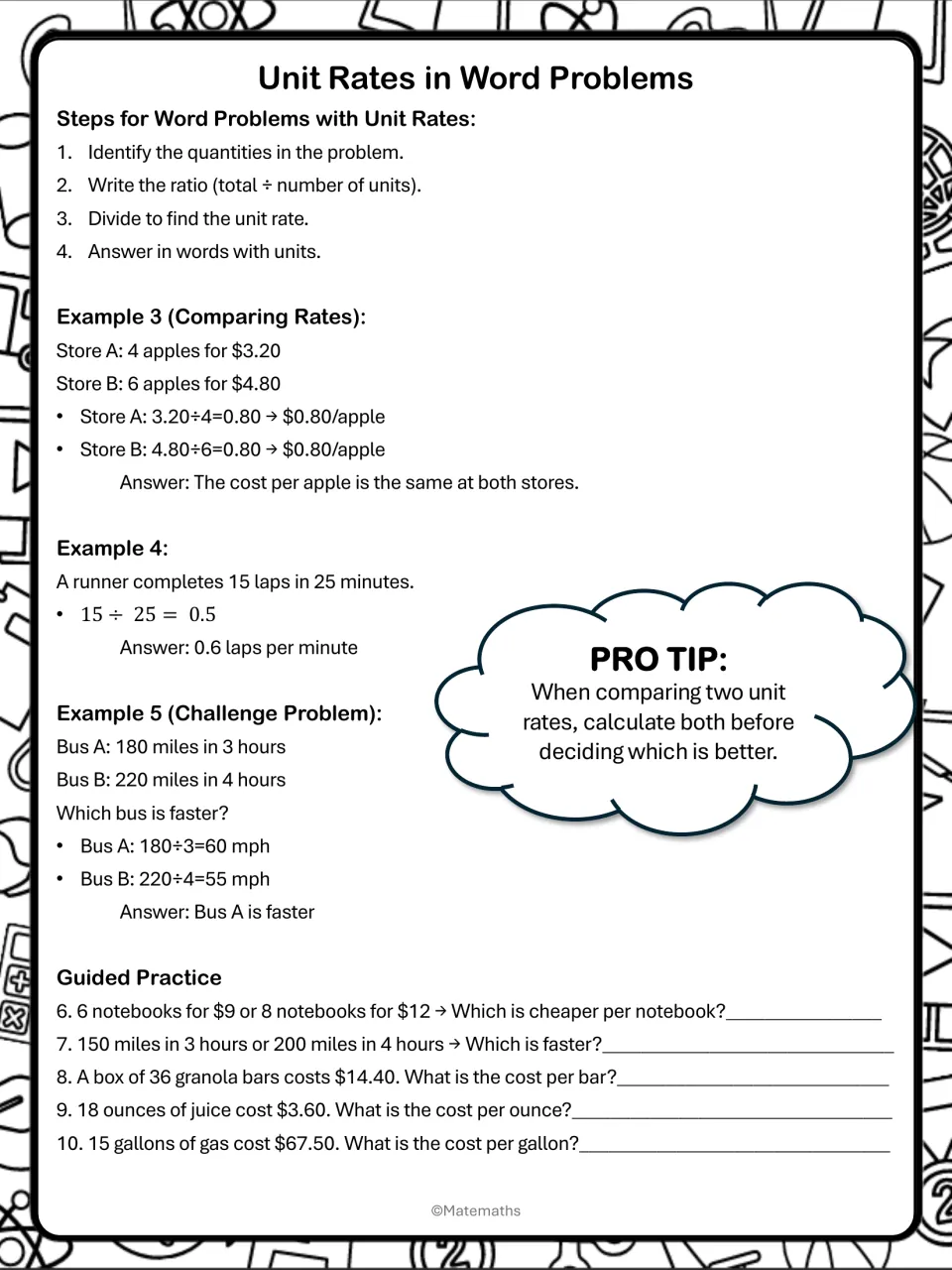 Unit rates in word problems notes: four steps, worked examples comparing apple prices and bus speeds, practice items 6-10