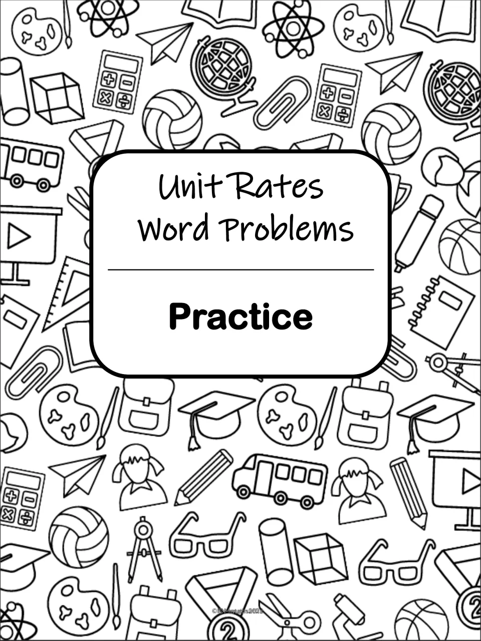 Practice section title page for unit rates word problems, set on a doodle background of school supplies and classroom items
