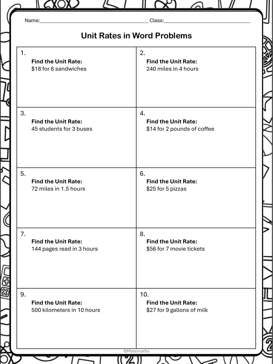 Find the unit rate practice: students solve 10 problems such as $18 for 6 sandwiches and 240 miles in 4 hours
