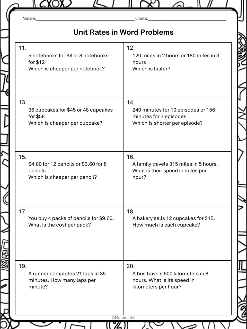 Comparing unit rates word problems 11-20: students decide which deal is cheaper or faster and find speed or cost per item