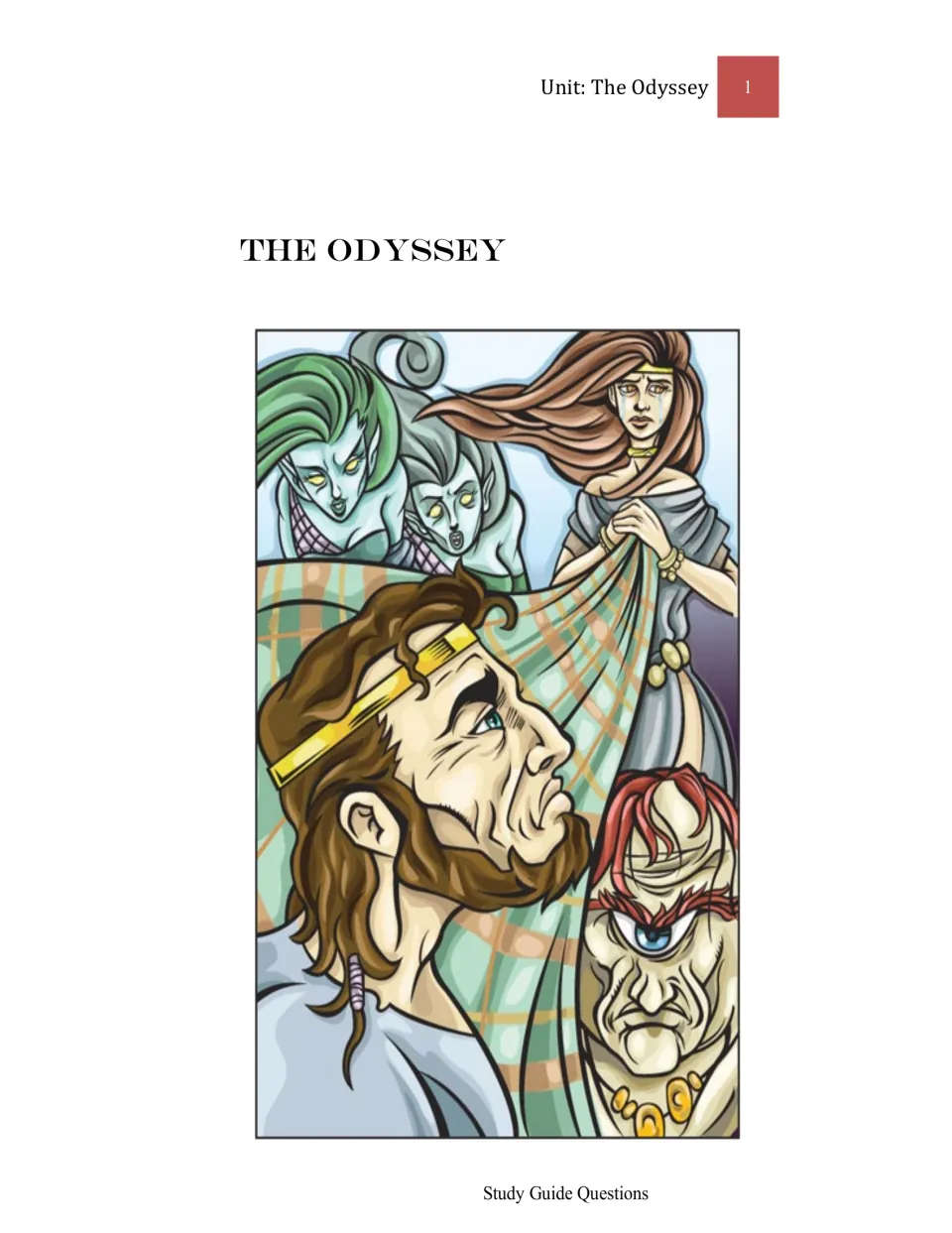 Study-guide cover introducing questions about Odysseus's journey, with an illustration of epic characters