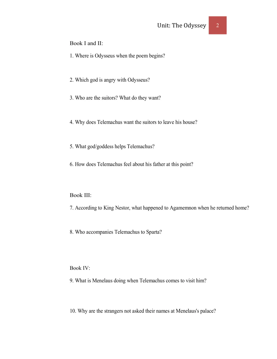 Study questions 1–10 for Books I–IV address Telemachus, the suitors, Athena, Nestor, and Menelaus