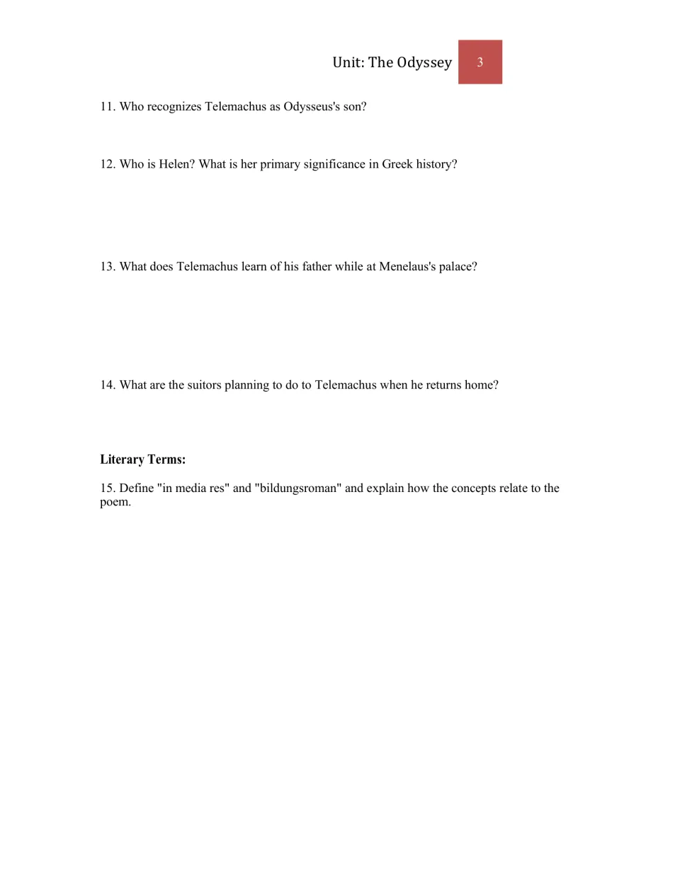 Study questions 11–15 continue Book IV with Helen, the suitors' plan, and two literary terms to define
