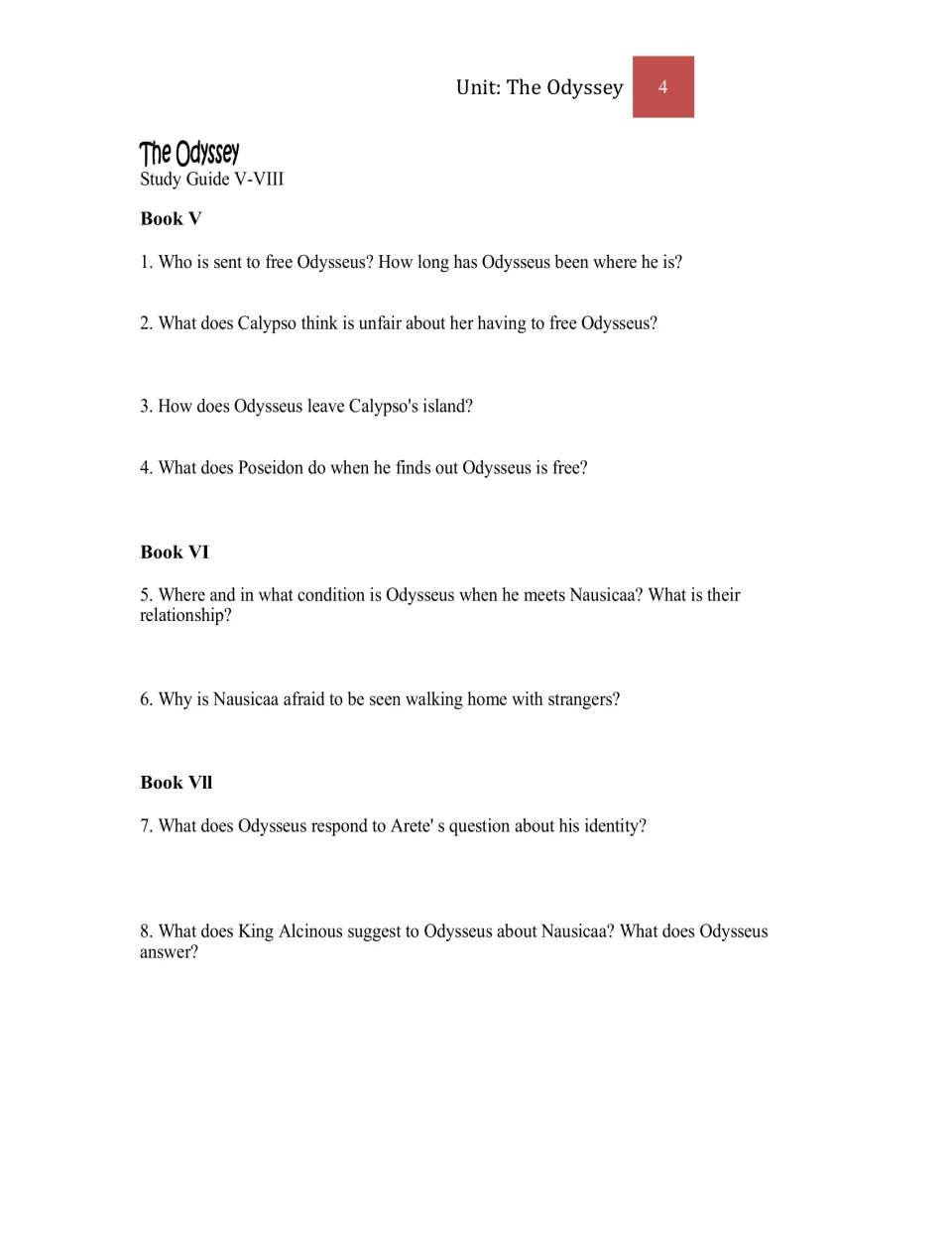 Study questions 1–8 for Books V–VII cover Calypso, Poseidon, Nausicaa, Arete, and King Alcinous