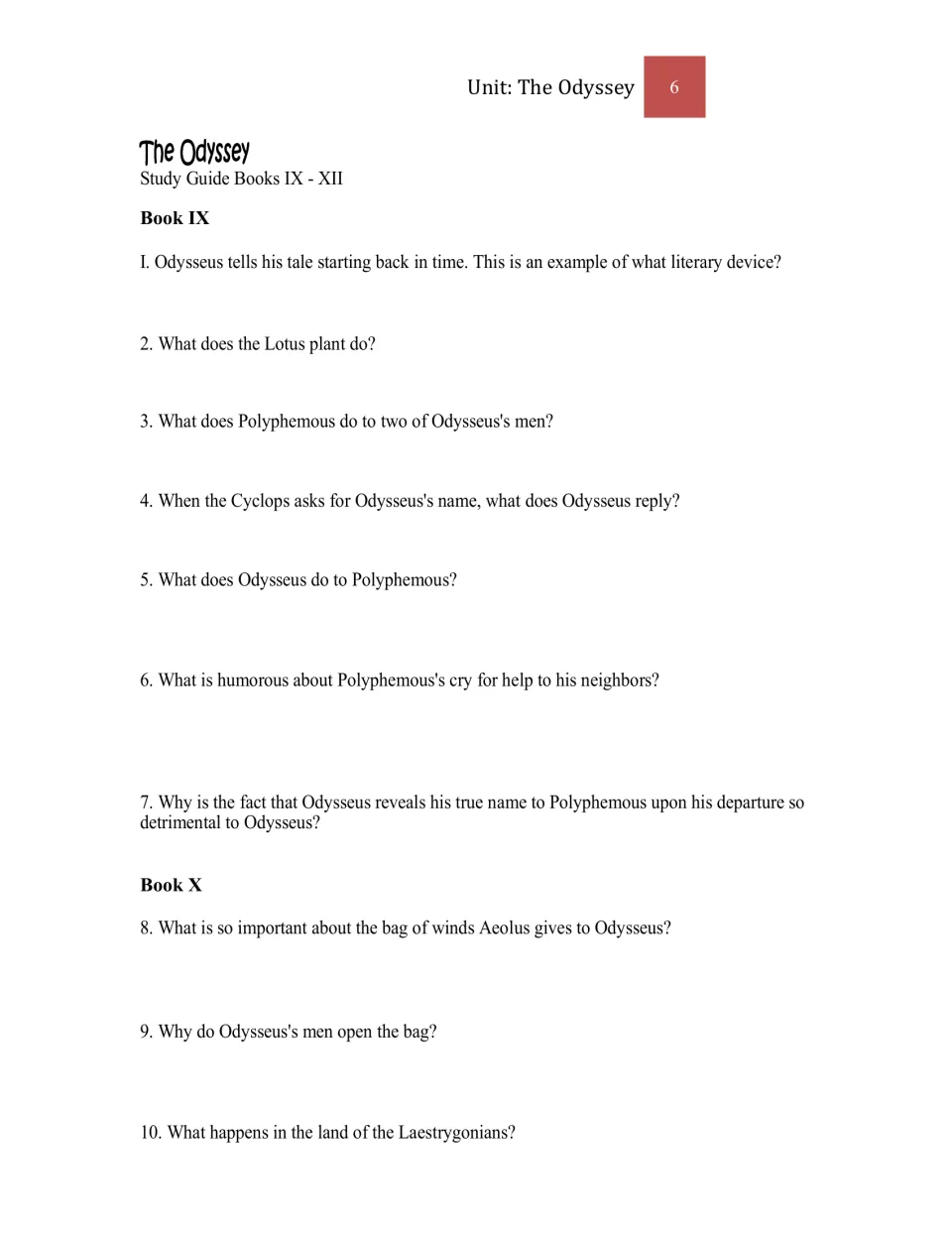 Study questions 1–10 for Books IX–X cover the Lotus plant, Polyphemus, Aeolus, and the Laestrygonians