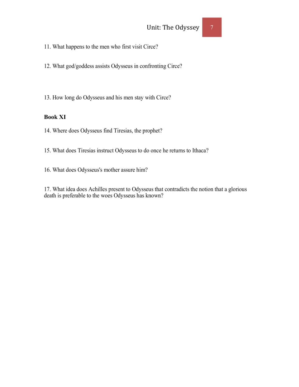 Study questions 11–17 for Books X–XI address Circe, divine assistance, Tiresias, and Achilles's view of death