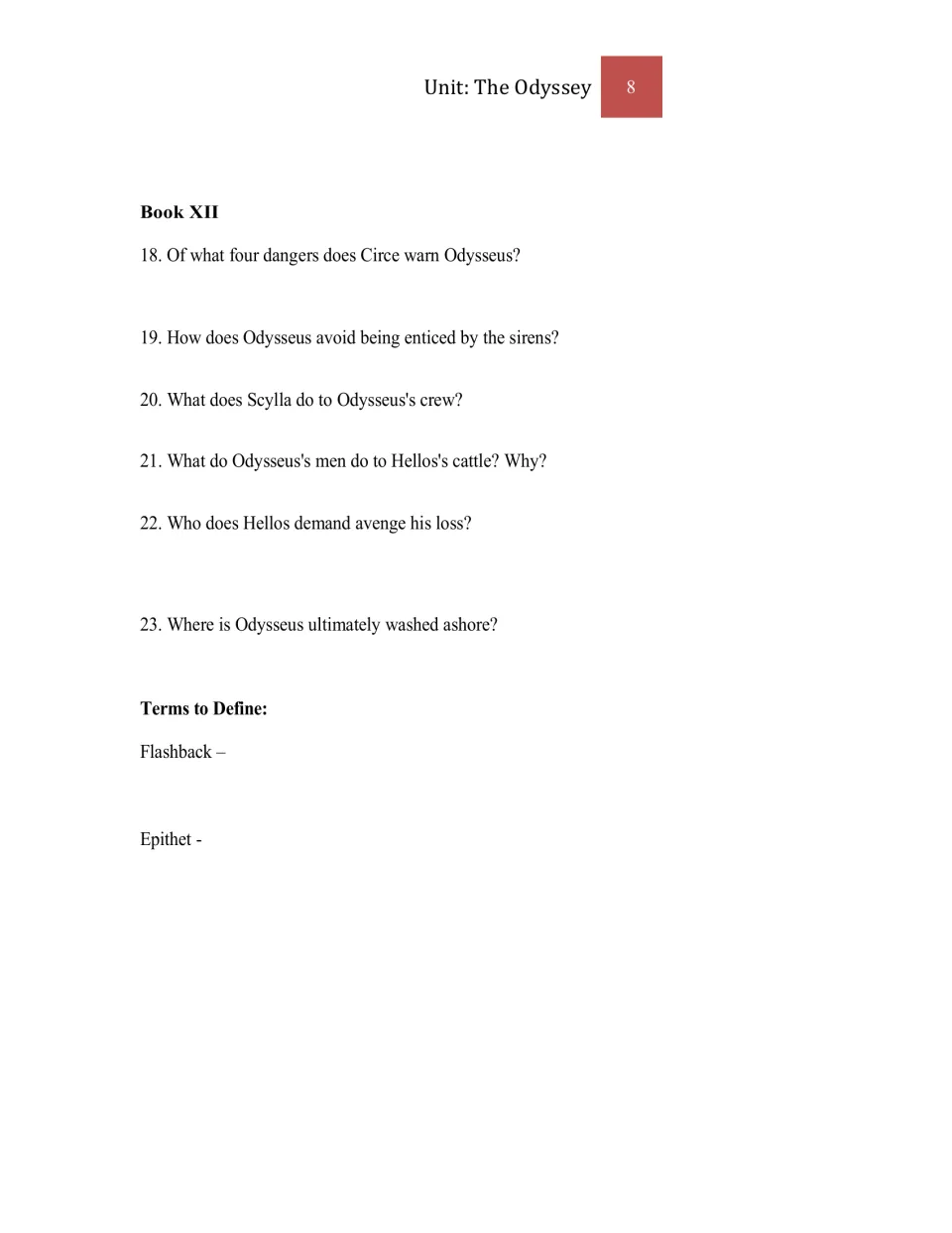 Book XII study questions 18–23 cover the sirens, Scylla, and the cattle; terms include flashback and epithet