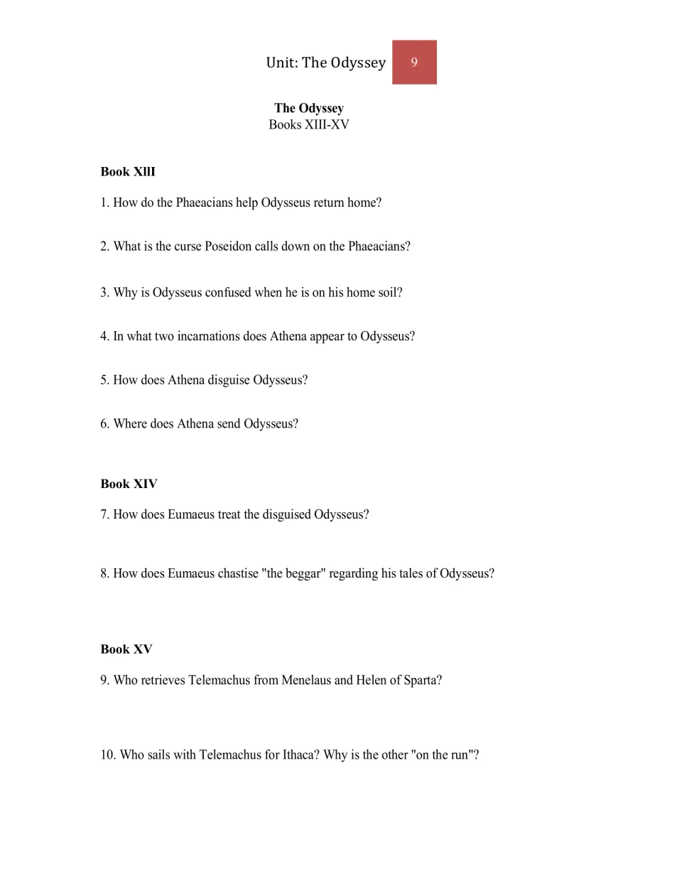 Study questions 1–10 for Books XIII–XV cover the return to Ithaca, Athena's disguise, Eumaeus, and Telemachus