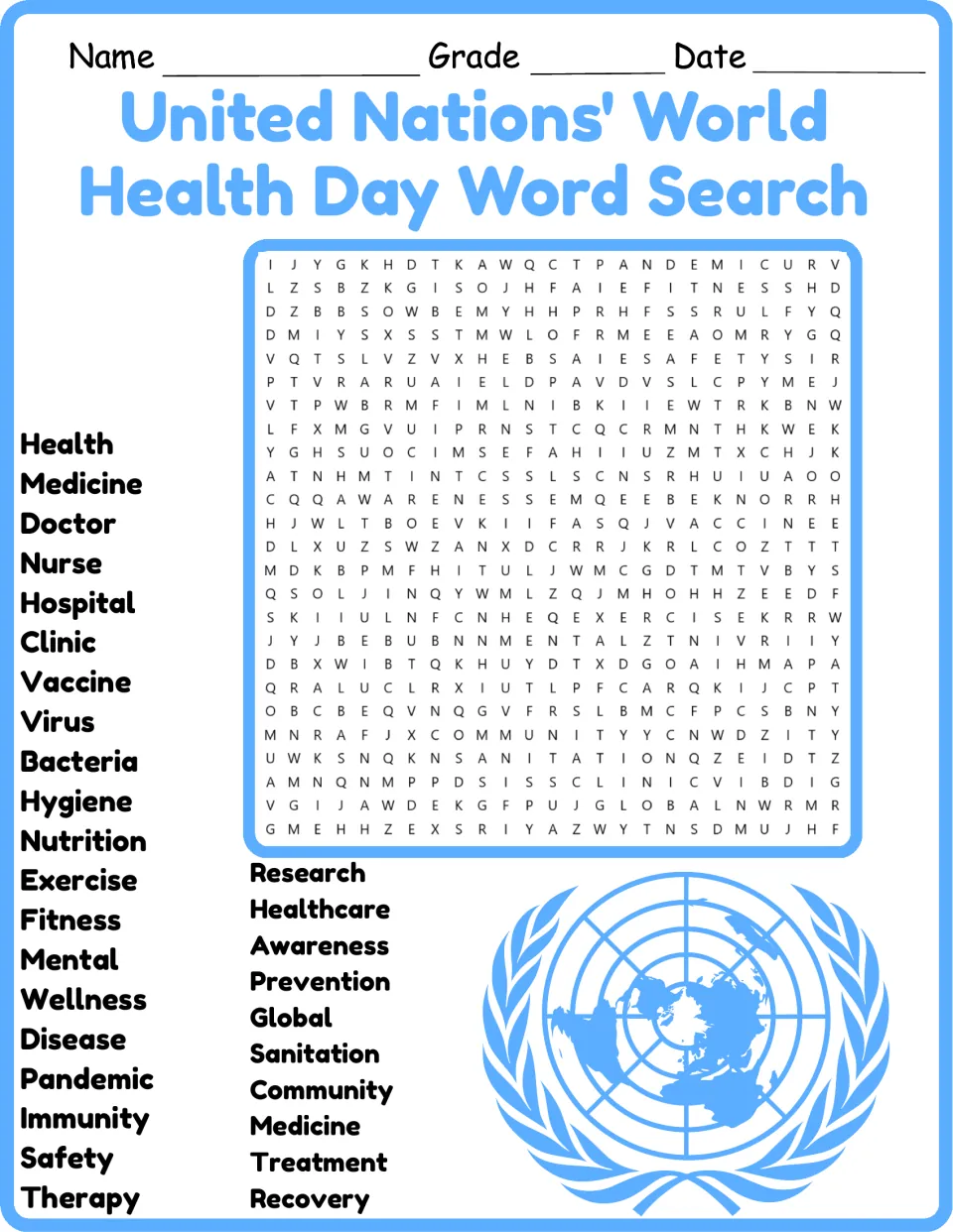 World Health Day word search in blue: students find health words like vaccine, hygiene and nutrition in the letter grid