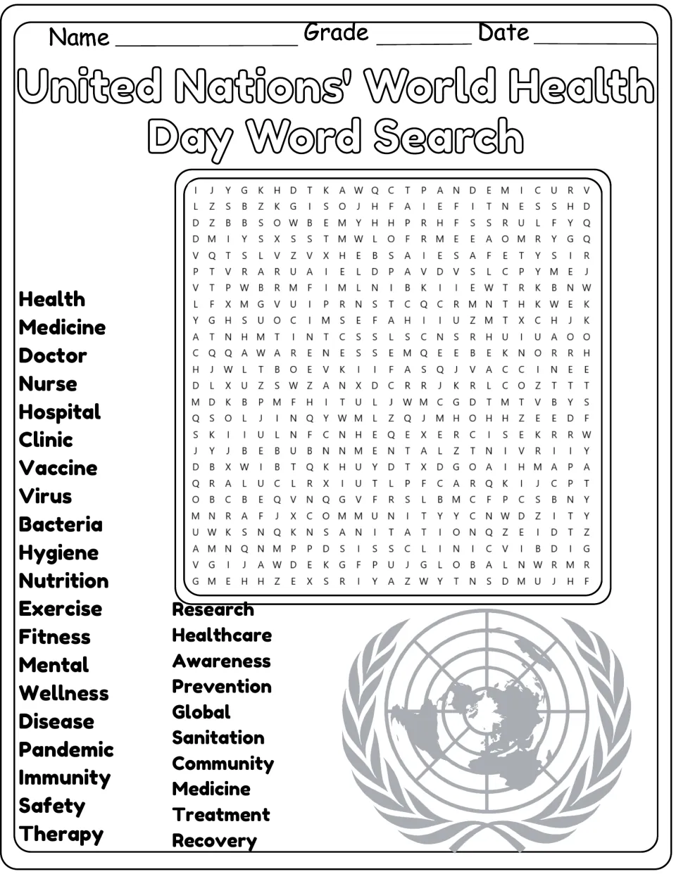 Black-and-white health vocabulary word search: find words such as doctor, pandemic, sanitation and recovery in the puzzle