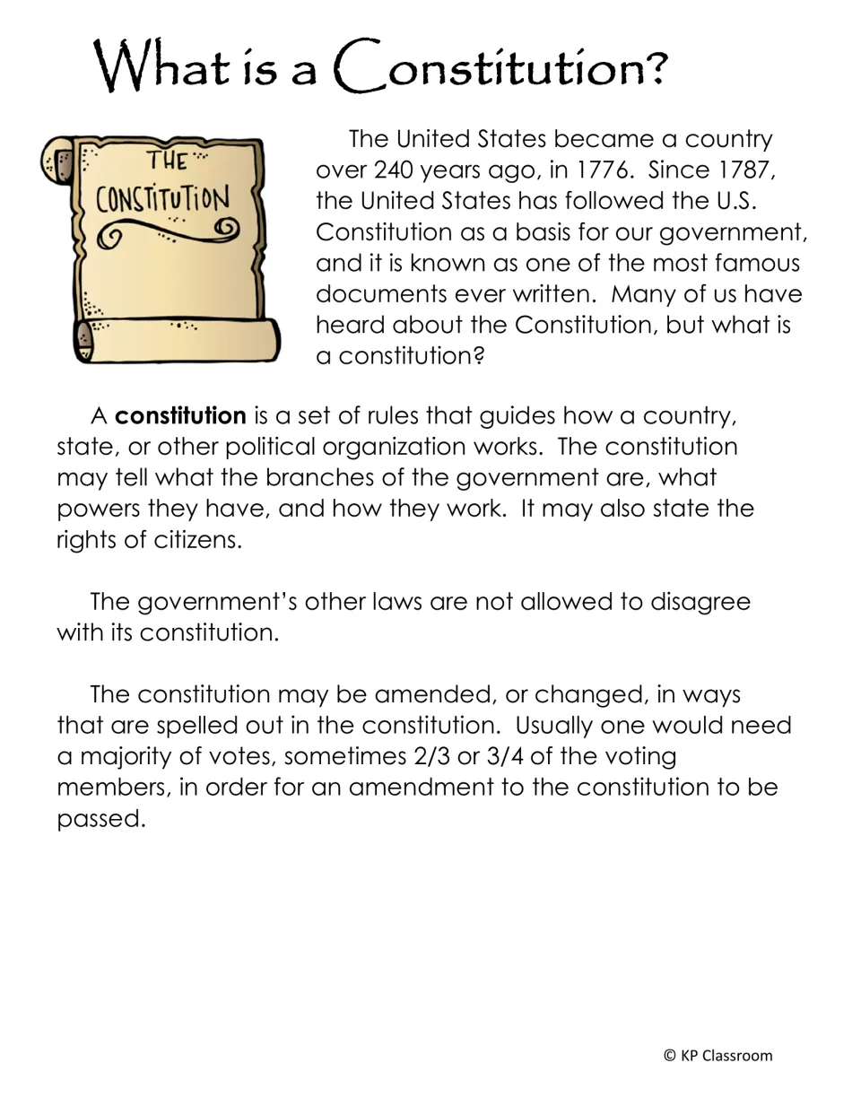 What is a Constitution? Reading passage defining a constitution as a set of rules for government and how it is amended