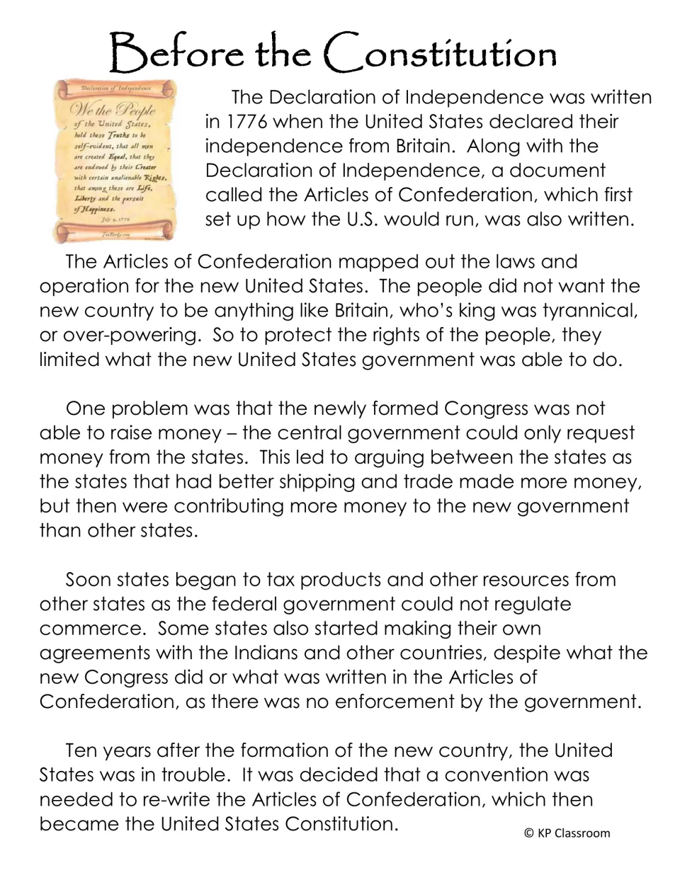 Before the Constitution: passage on the Articles of Confederation and why the weak central government led to trouble