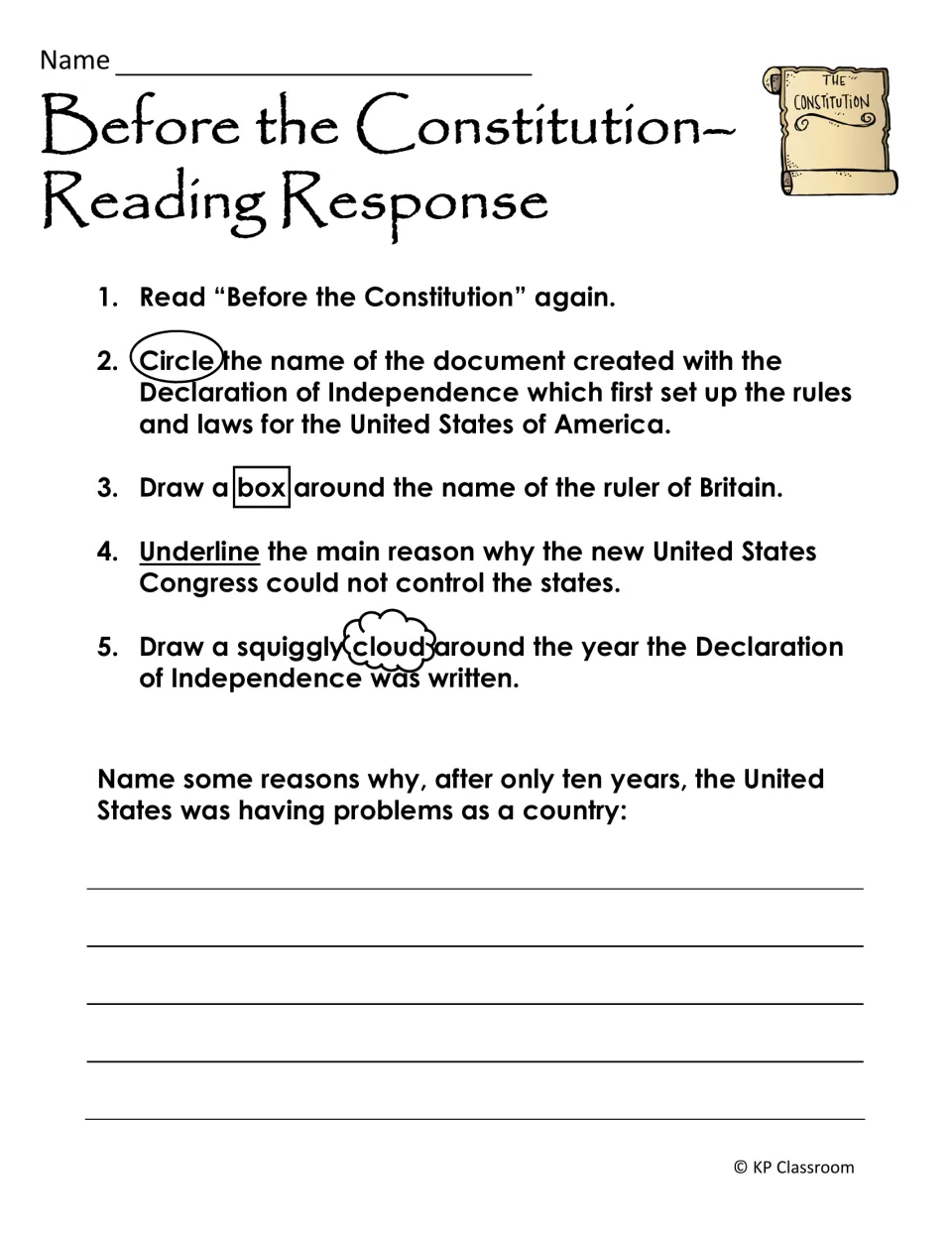 Before the Constitution reading response: students circle, box, underline and cloud facts in the text, then list problems