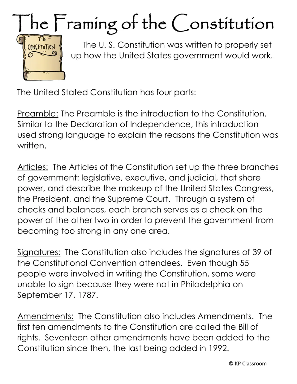 The Framing of the Constitution: reading on its four parts, the Preamble, Articles, Signatures and Amendments