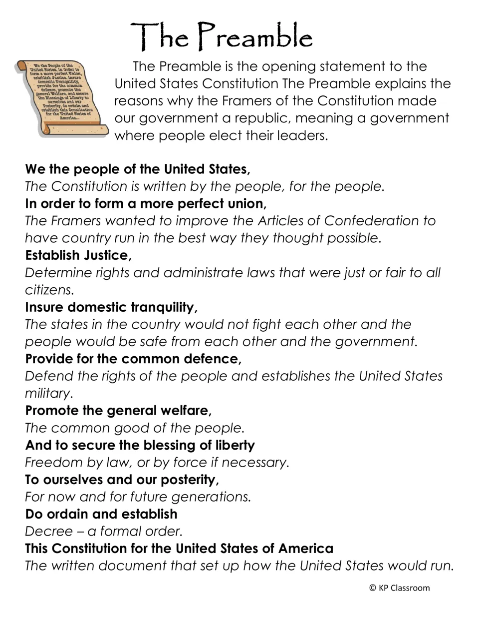 The Preamble: each phrase from We the people to the closing line, with a plain-language meaning in italics beneath it