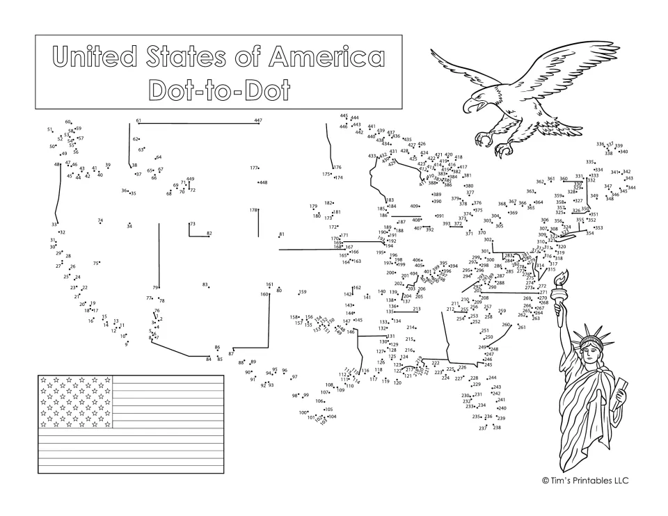 US map dot-to-dot: students connect about 449 numbered dots to draw the outline of the 48 states, with eagle and flag art