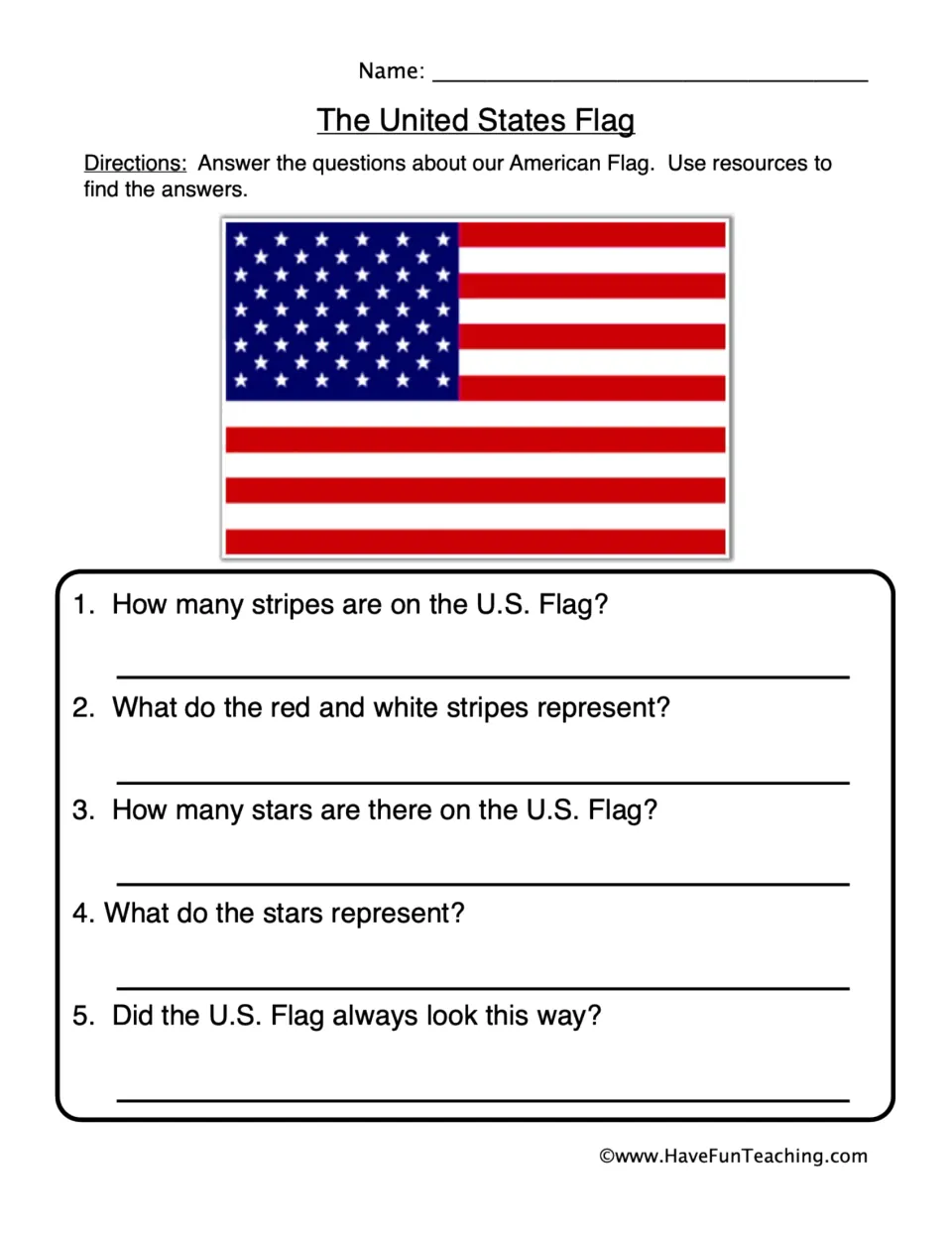 American flag research: students use resources to answer 5 questions on its stripes, stars, their meaning and flag history