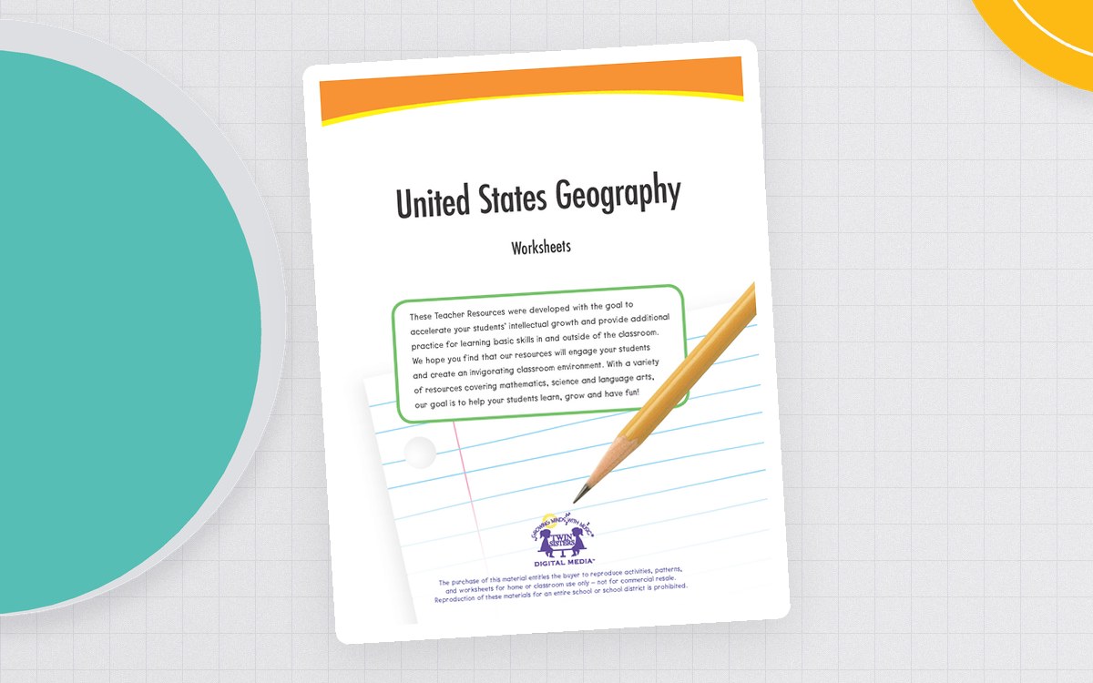 United States Geography cover on lined paper with a pencil and a small worksheet preview.