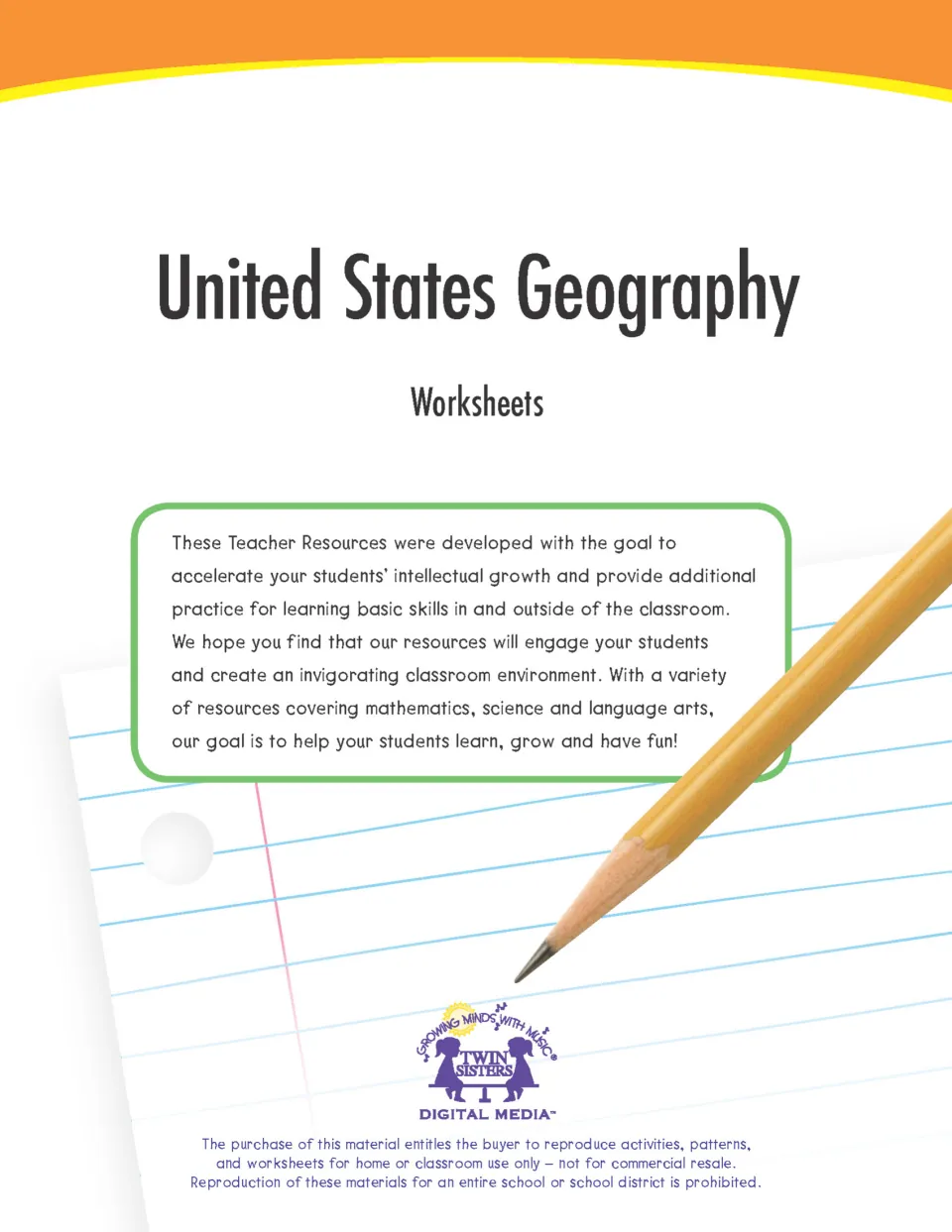United States Geography Worksheets cover from Twin Sisters Digital Media with a note to teachers about the resources