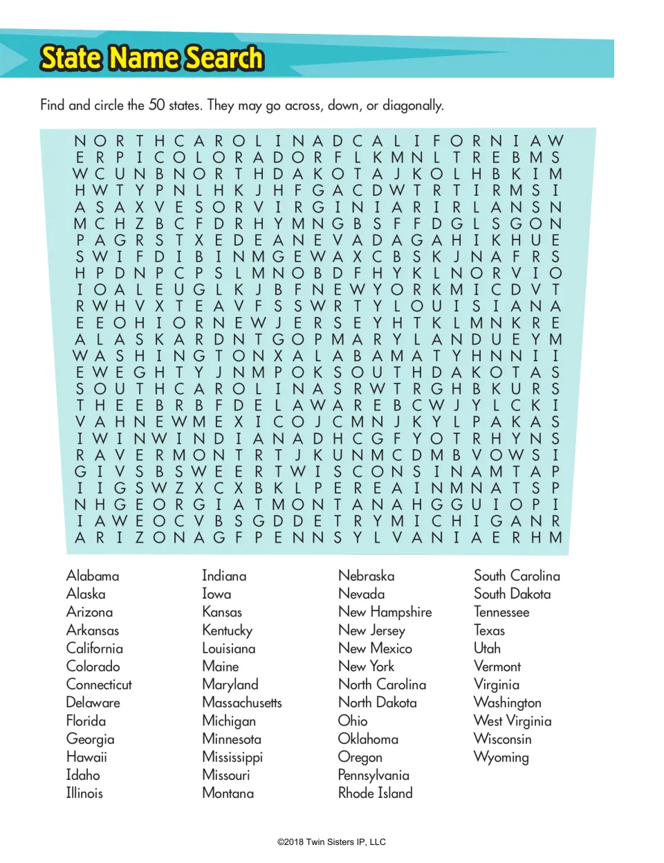 State Name Search: students find and circle all 50 U.S. state names hidden across, down or diagonally in a word search