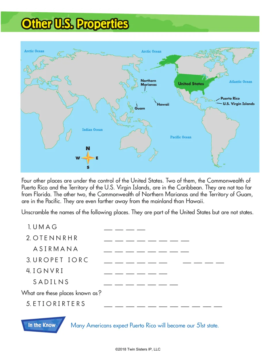 Other U.S. Properties: map of Guam, Puerto Rico and other territories; students unscramble the names of these places