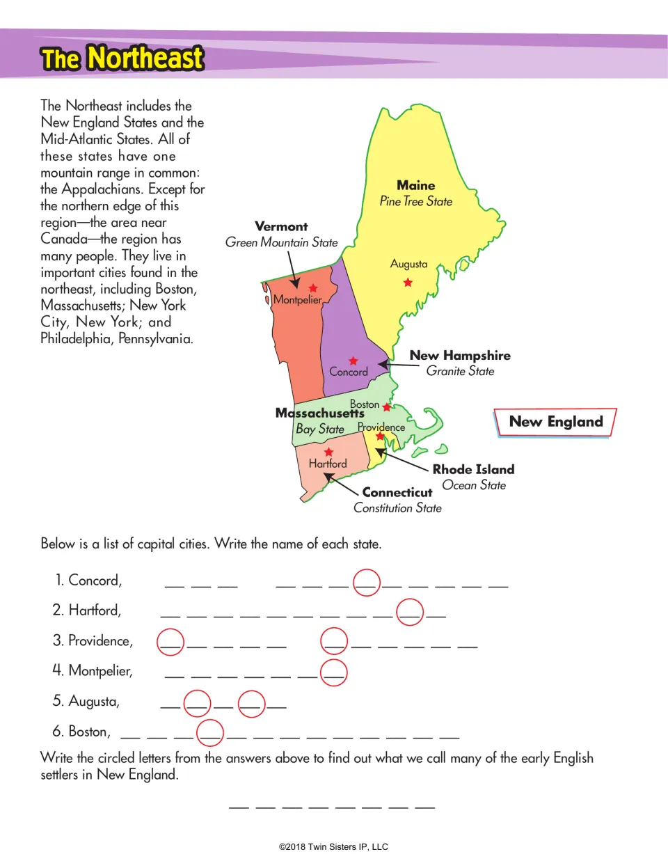The Northeast: New England map with state capitals and nicknames; students write the state for each of six capital cities